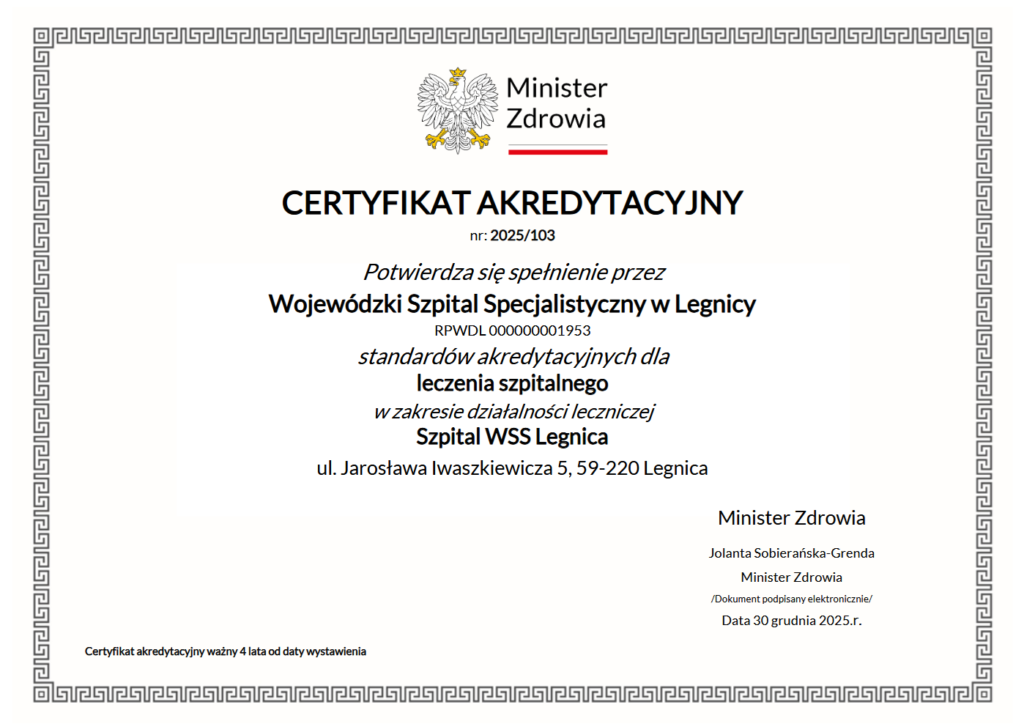 Certyfikat Akredytayjny dla Wojewódzkiego Szpitala Specjalistycznego w Legnicy z 2025r