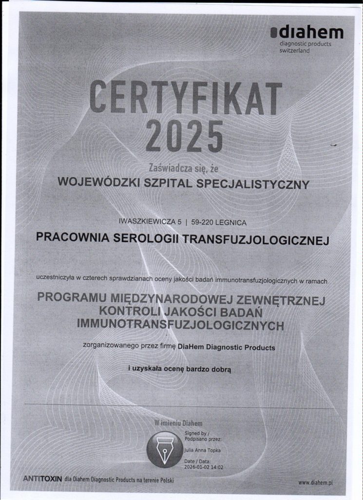 Certyfikat pracownii serologii transfuzjologicznej